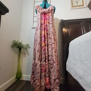Celina One Size Pink Paisley Boho Maxi Dress with Ruffles and Cowl Neck